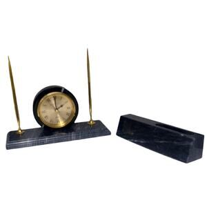 Marble Executive Desk Stationary Clock / Pen Holder, Name Plate / Card Holder